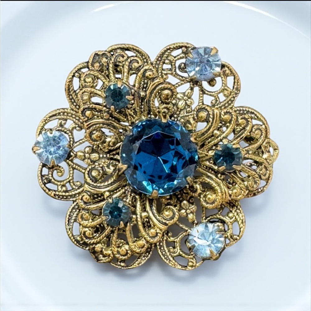 Vintage Filigree Brooch Set With Stones Czechoslovakia